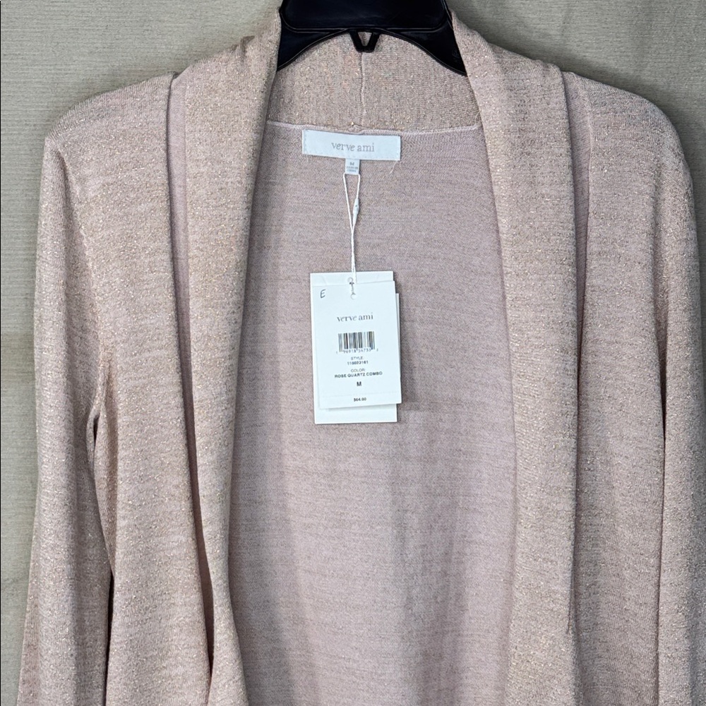 Verve Ami Sweater Pink/Gold Cardigan Open Front w/ Lapel Pocket Sz. M & L NWT - Picture 4 of 14